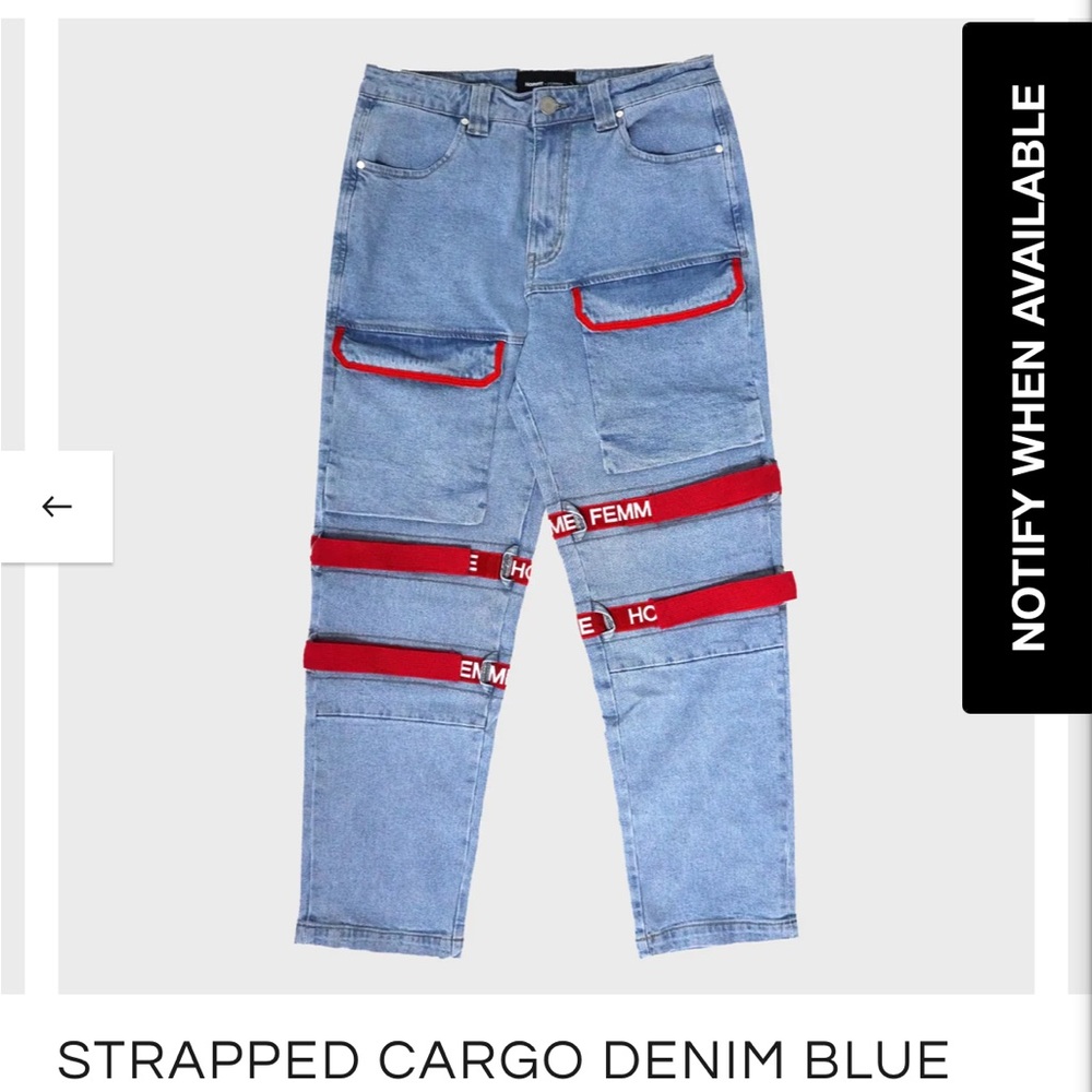 Full length cargo pocket denim pant with relaxed stretch in blue